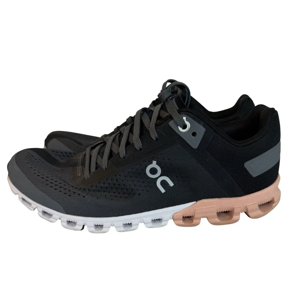On Cloudflow Running Shoes Black Peach Charcoal Swiss Engineering Sneakers